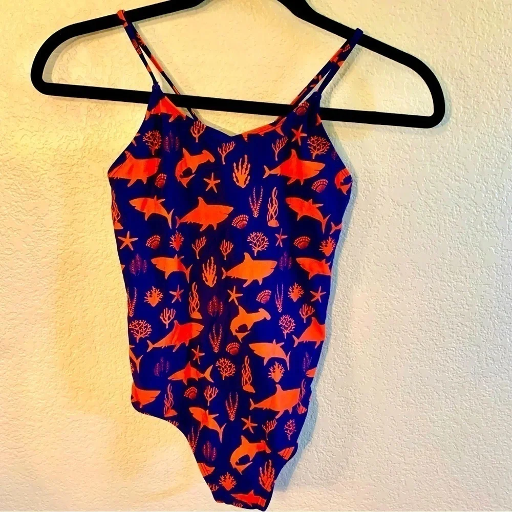 NWT Girls Swimsuit Sz 12 (Girls) One-Piece Dark Blue Red Shark Ocean Pattern